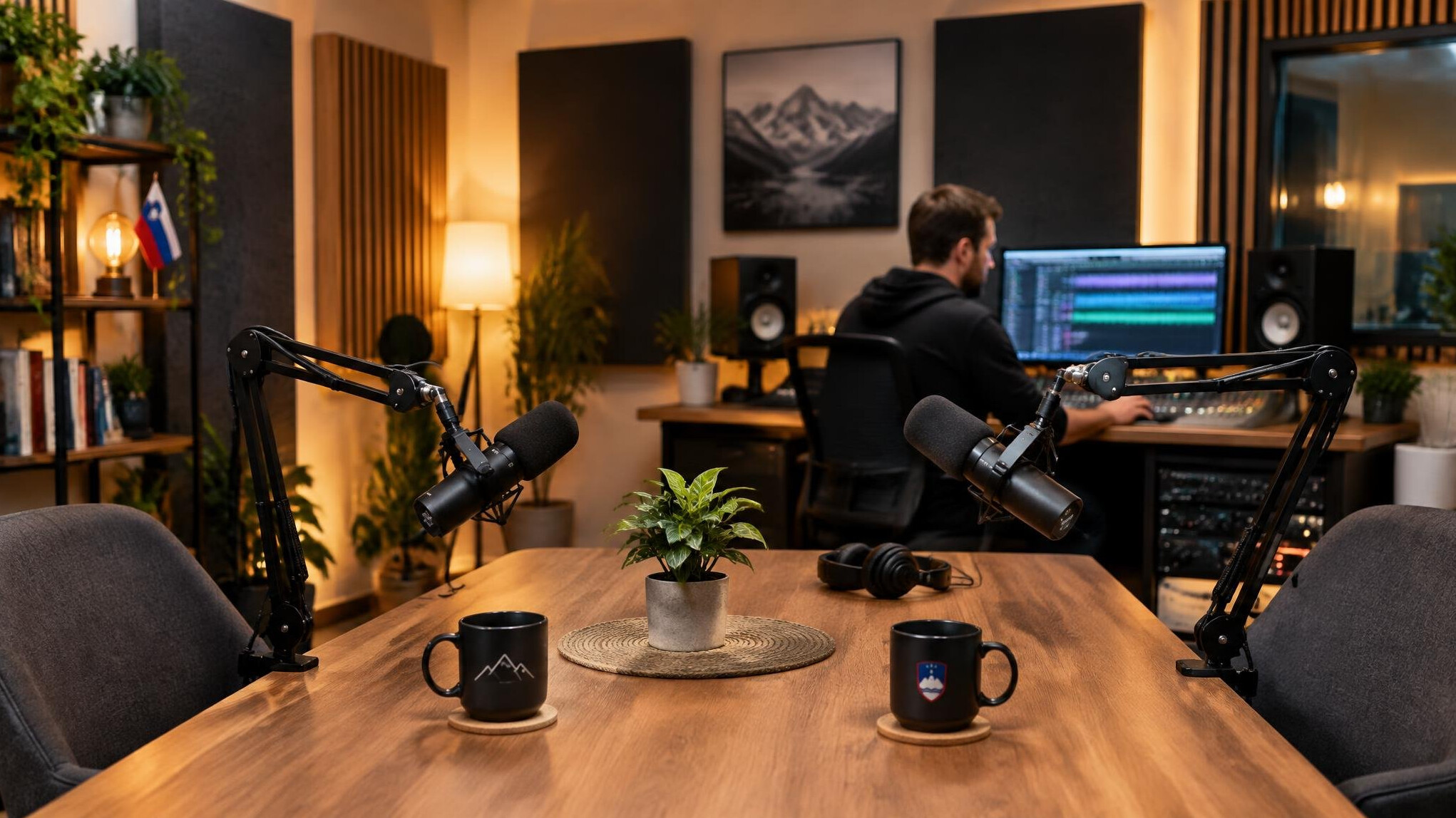 Podcast recording studio with microphones and warm lighting