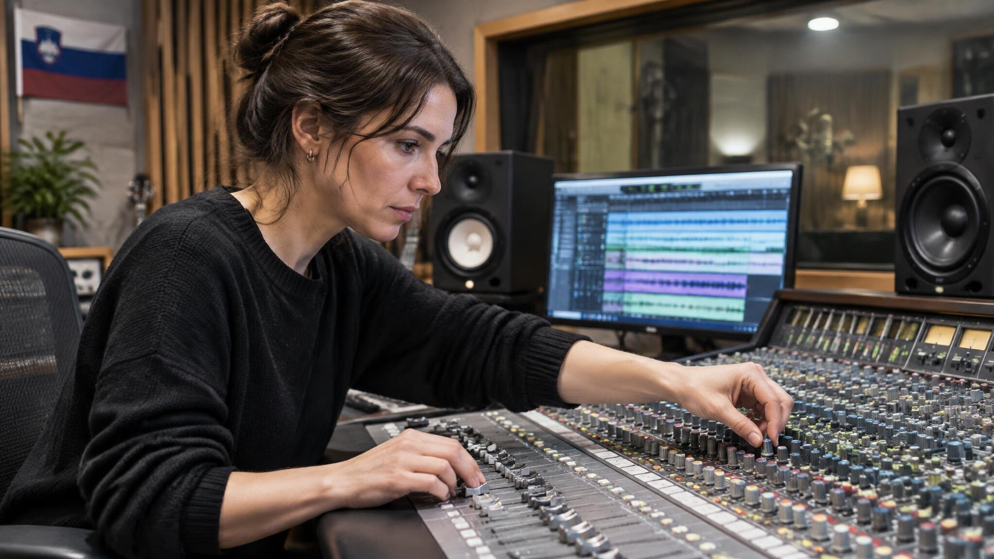 Sound engineer adjusting a mixing console